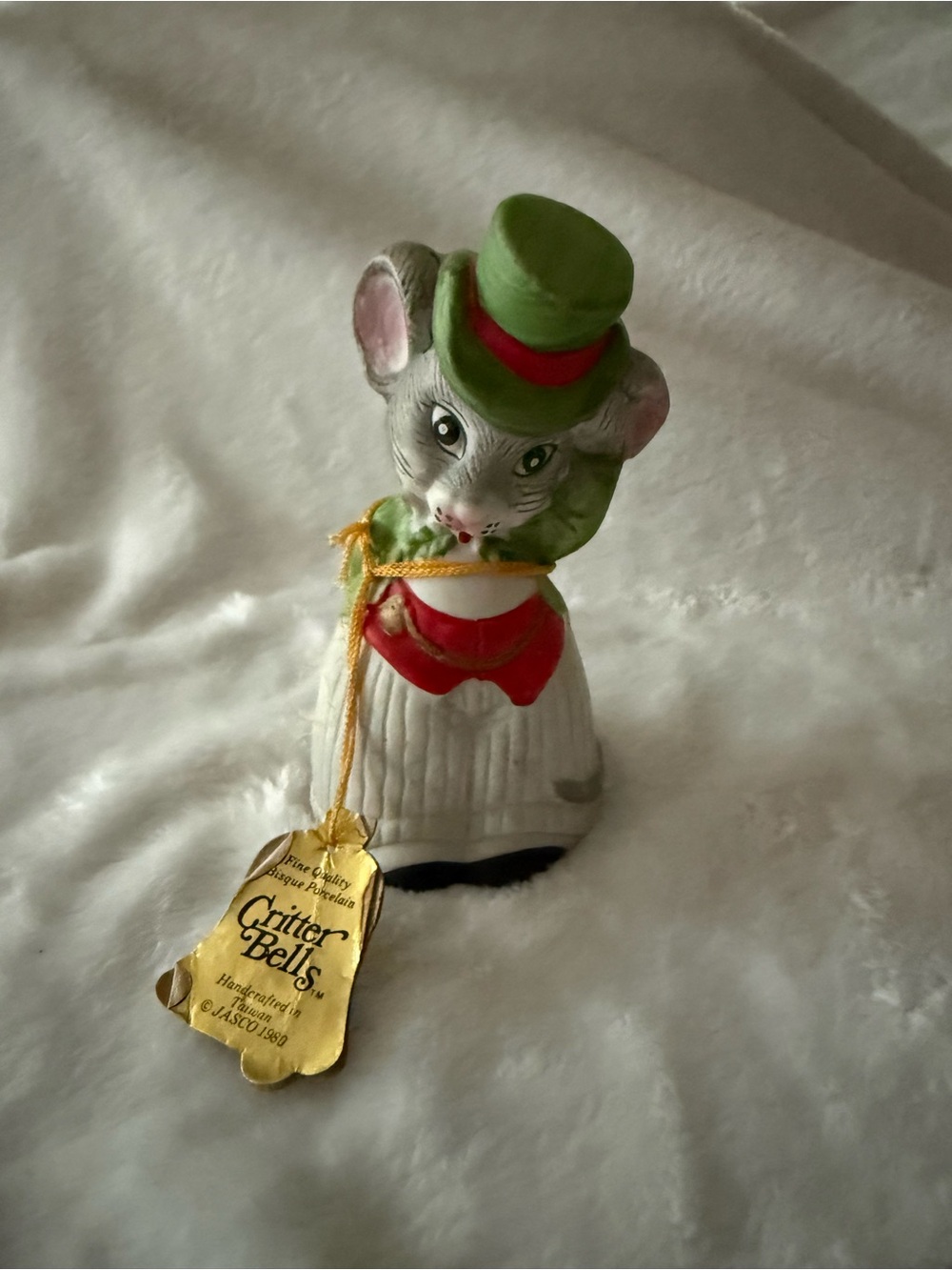 Vintage JASCO Critter Bells Mouse Bisque Porcelain Bell w/ Hanging Tag 1980 Xmas